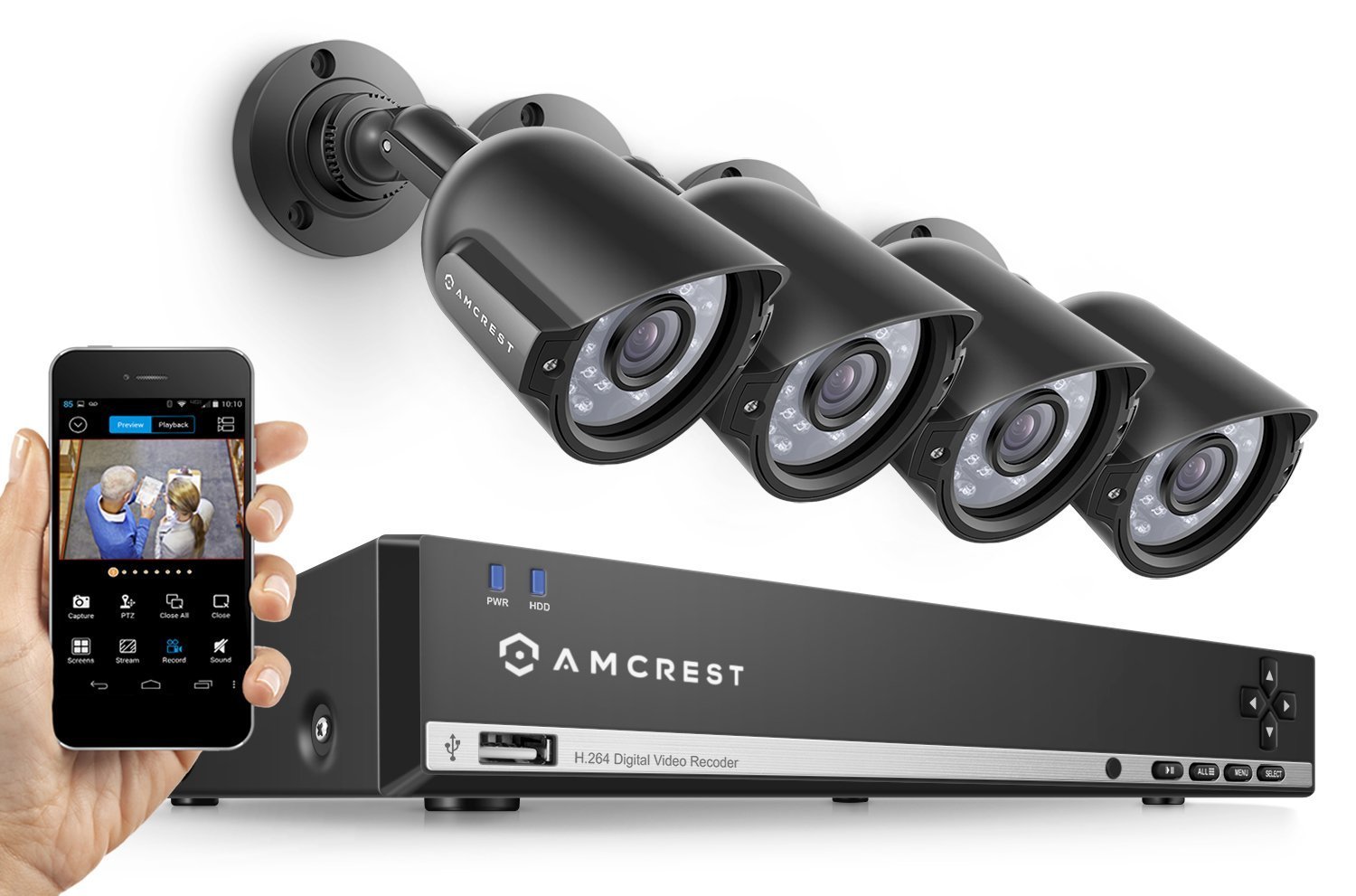 Amcrest 960H Video Security System Four 800+TVL Weatherproof Cameras, 65ft Night Vision, 984ft Transmit Range, 500GB HDD